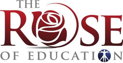 The Rose of Education logo featuring a stylized maroon rose inside the letter O in the word ROSE. The full text reads THE ROSE OF EDUCATION. The design is elegant and professional, conveying a sense of inspiration and commitment to learning.